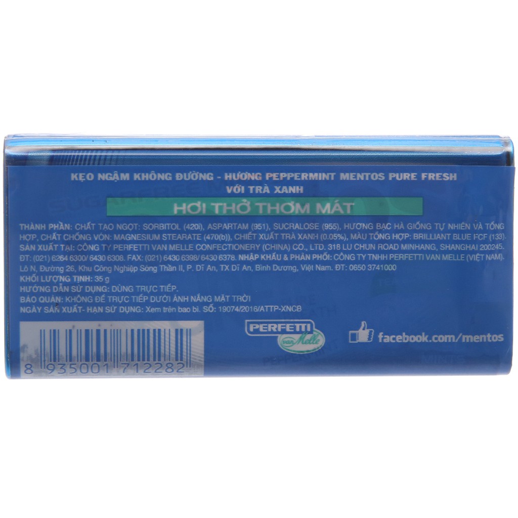 Kẹo ngậm không đường hương peppermint với trà xanh Mentos Pure Fresh hộp 35g