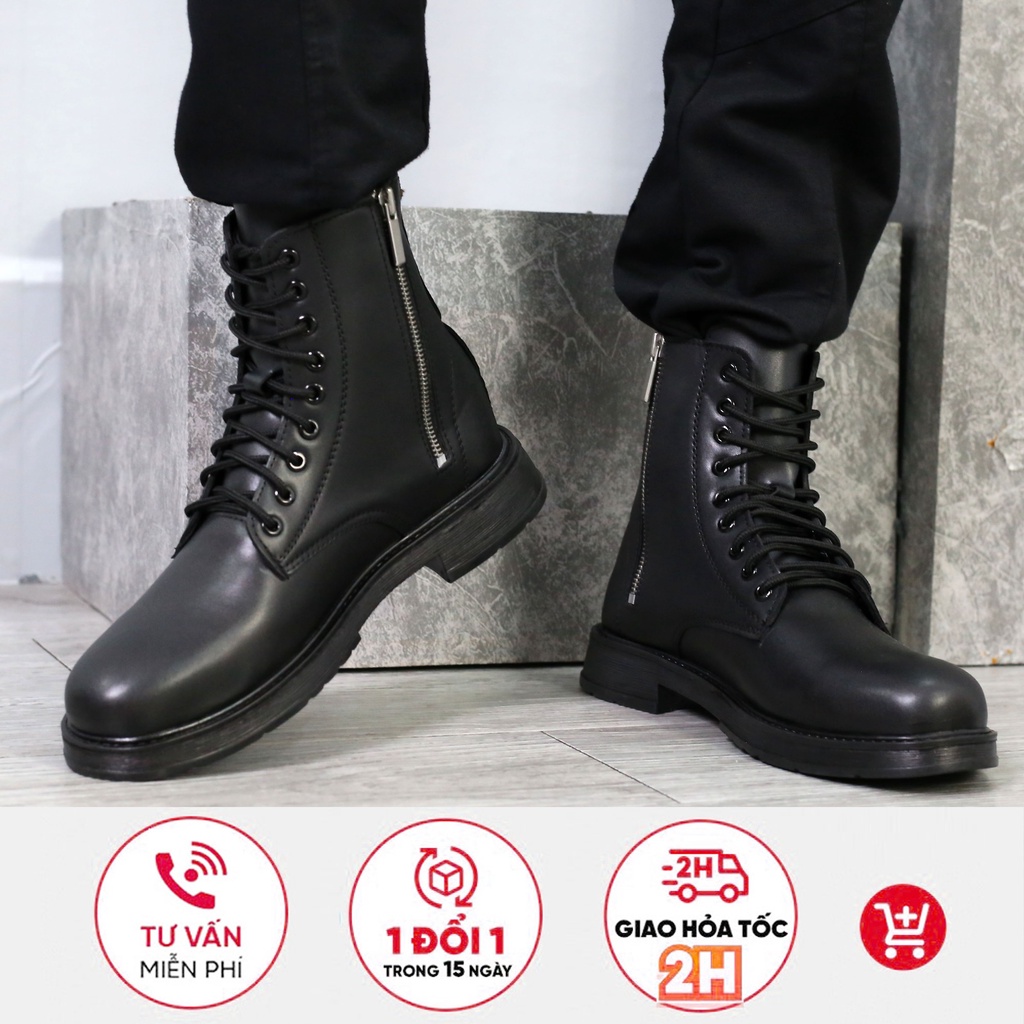 Giày Combat Boot nam nữ GauNau GN1032 màu đen khóa kéo zip, Bốt cổ cao có khâu đế