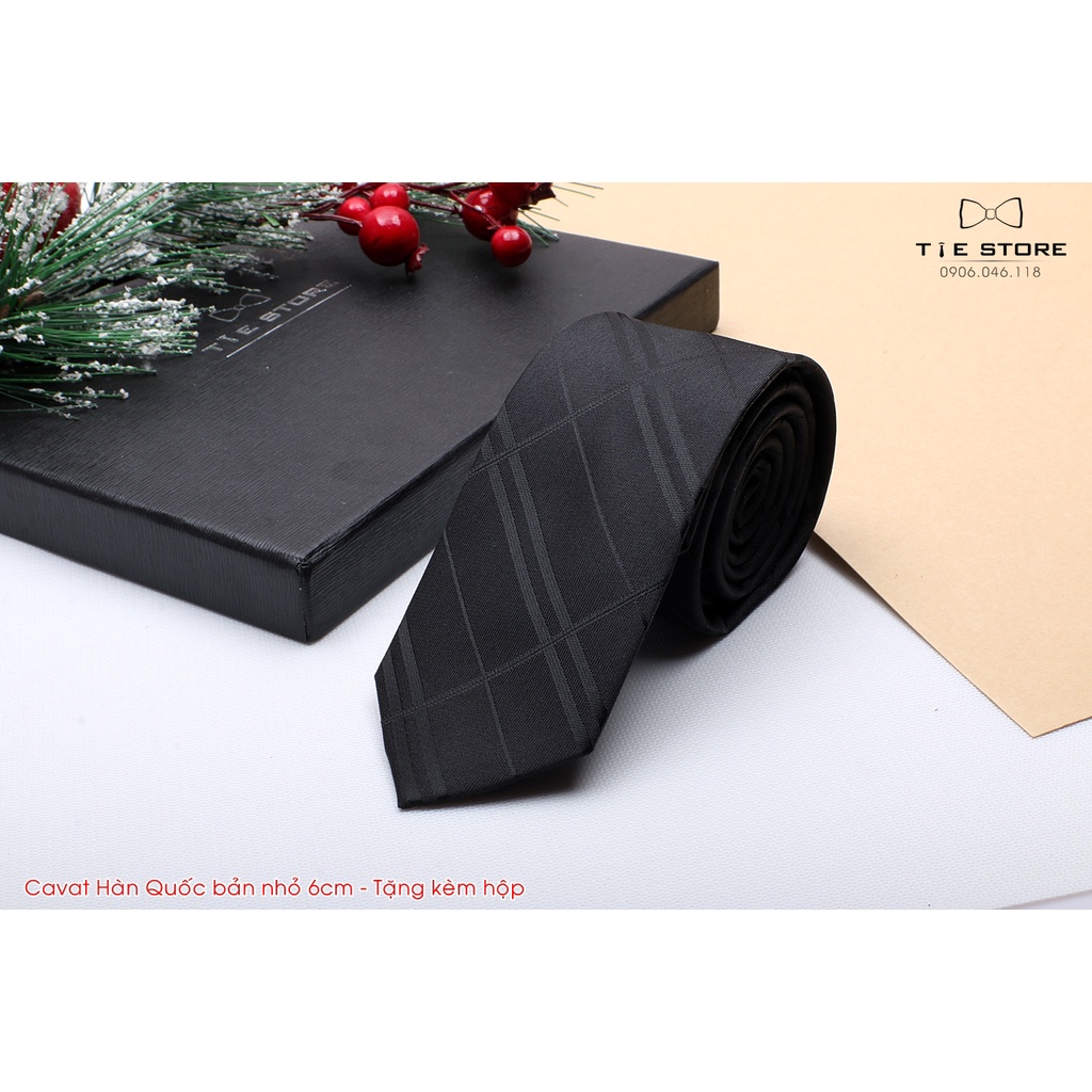 Cà Vạt Nam Bản nhỏ 6cm đen kẻ chìm - Cavat Hàn Quốc Cao Cấp Full box
