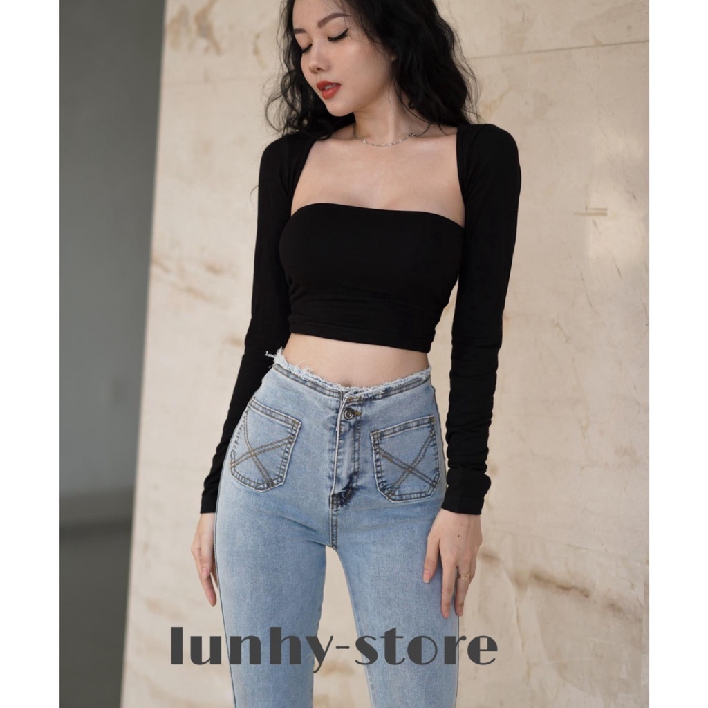Áo Croptop Ôm Body Tay Dài Cổ Vuông Cotton Mịn Co Dãn Sexy