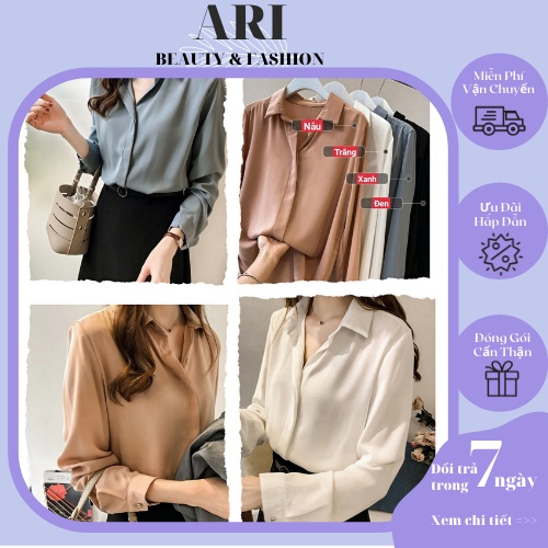 Áo sơ mi công sở nữ form rộng hàng Quảng Châu, Áo sơ mi trắng, đen, xanh, cam dài tay cực xinh