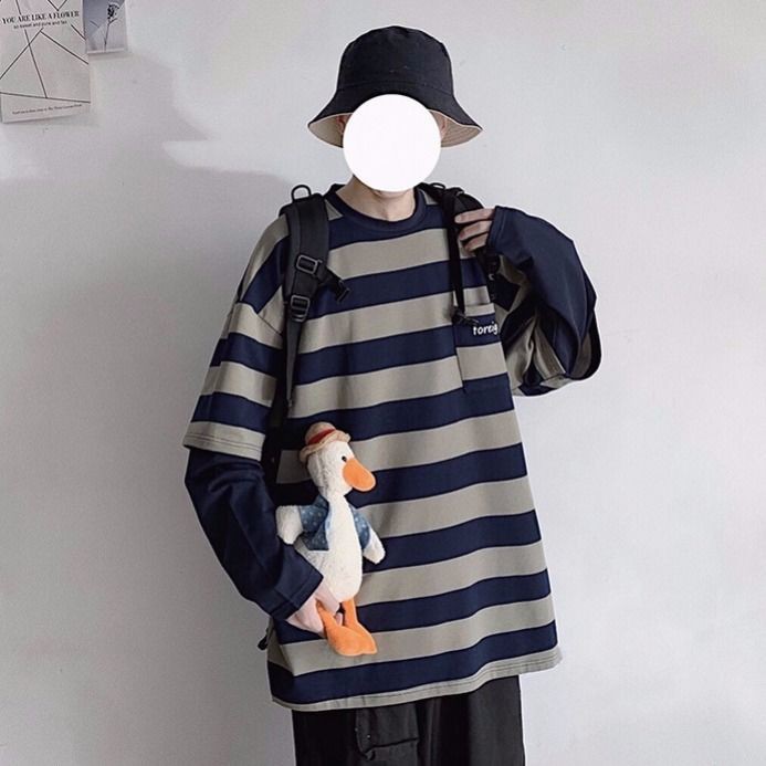 Áo thun tay dài giả 2 lớp dáng suông kẻ sọc ngang trẻ trung hợp thời trang Hàn Quốc