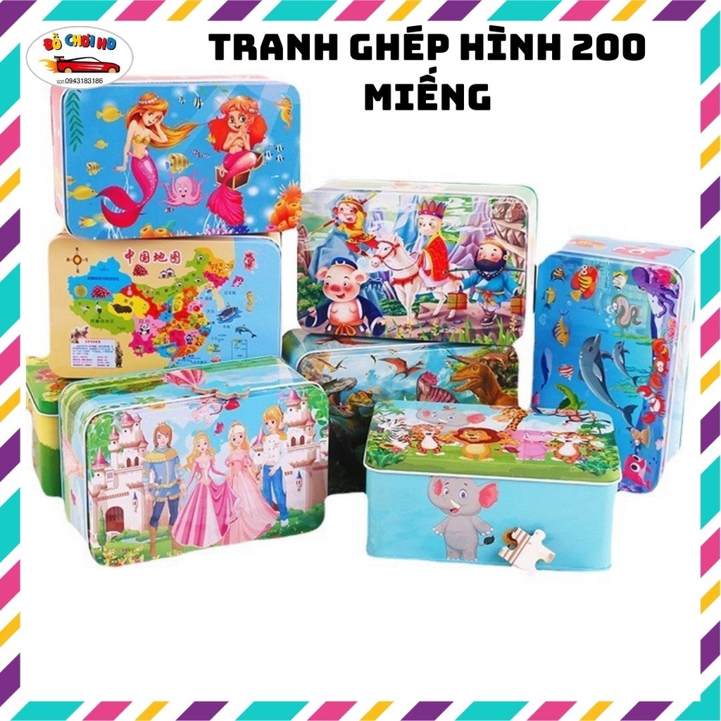 Tranh ghép hình cho bé, đồ chơi ghép hình, tranh ghép gỗ hộp thiếc 200 mảnh phát triển tư duy cho bé