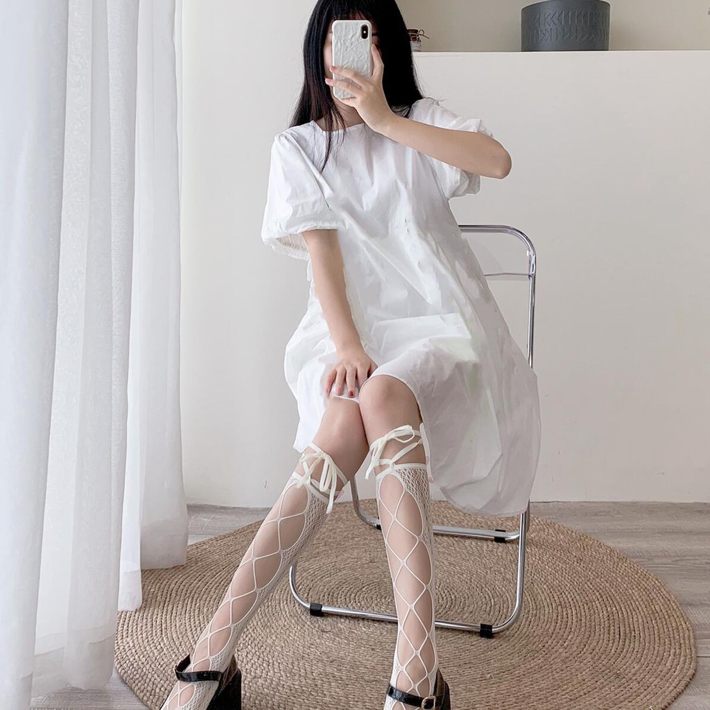 Tất ren lưới Lolita buộc dây cao cổ