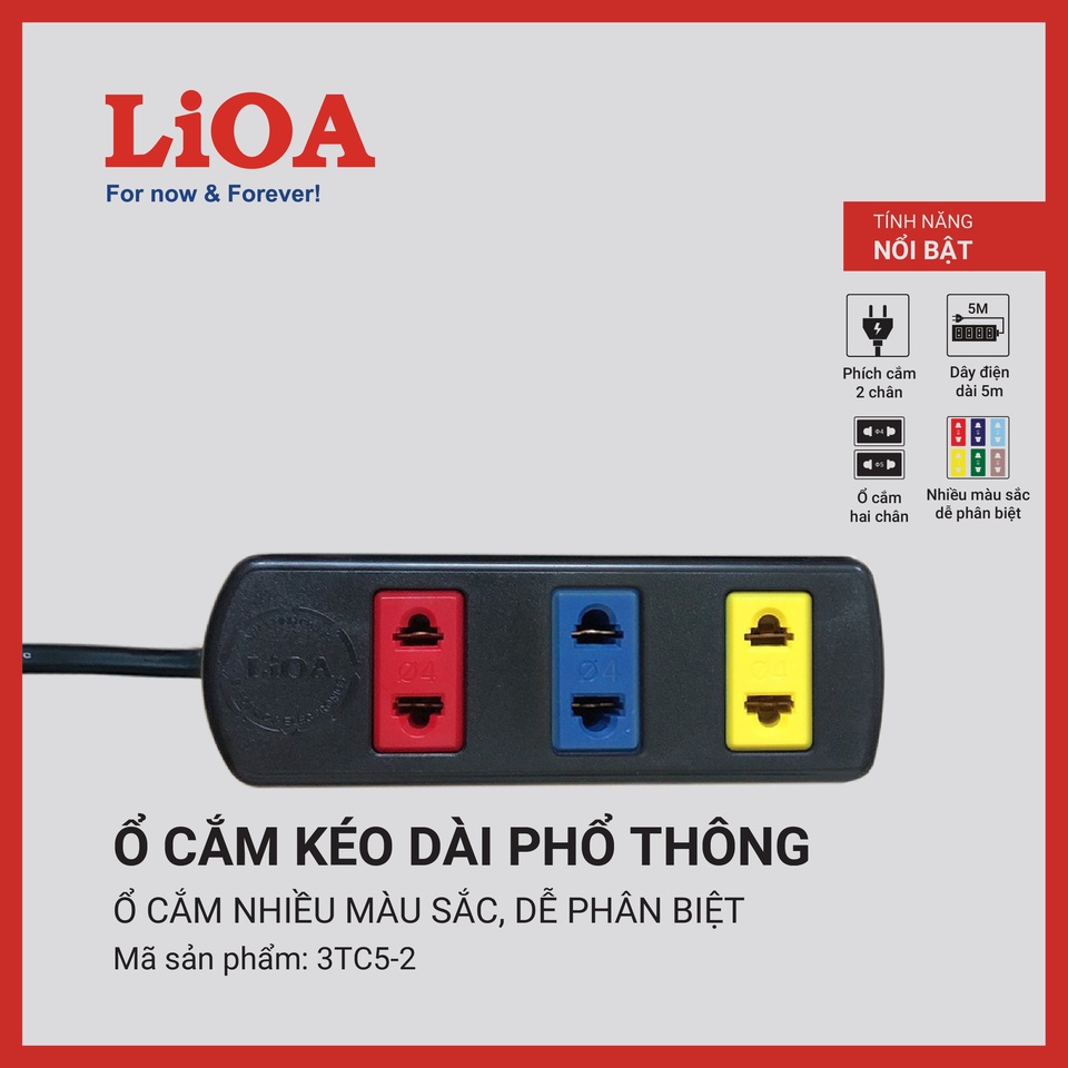 [CHÍNH HÃNG] Ổ cắm LiOA kéo dài phổ thông 3 lỗ, 4 lỗ, 5 lỗ, 6 lỗ, 2 chấu dây dài 3m - 5m, 2 lõi, 1000W - 2200W