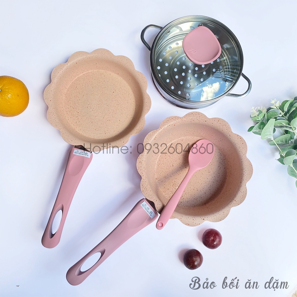 Bộ 3 nồi chảo men đá chống dính nấu ăn dặm cho bé (bộ gồm nồi, chảo, xửng hấp, nắp), size 16cm