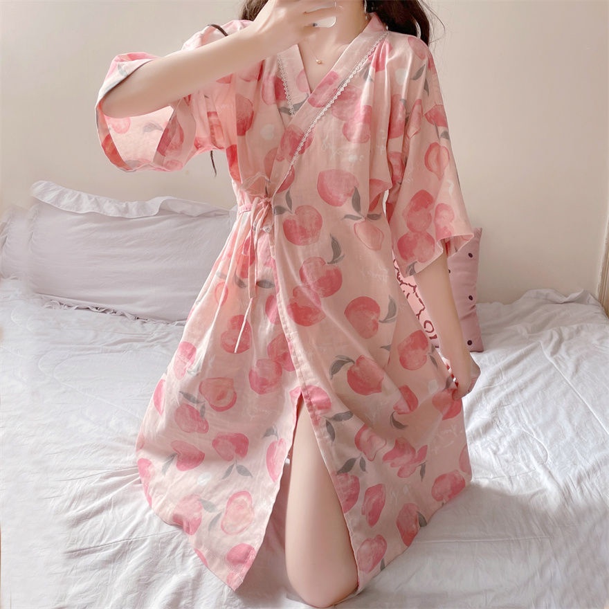 Đầm Ngủ Kimono Cổ Chữ V Cột Dây Thời Trang Mùa Hè Phong Cách Nhật Bản Cho Nữ