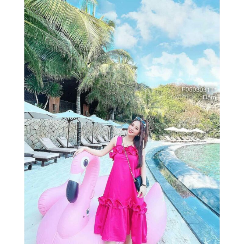 Đầm maxi hồng phối bèo nhún 2 dây bảng! | BigBuy360 - bigbuy360.vn