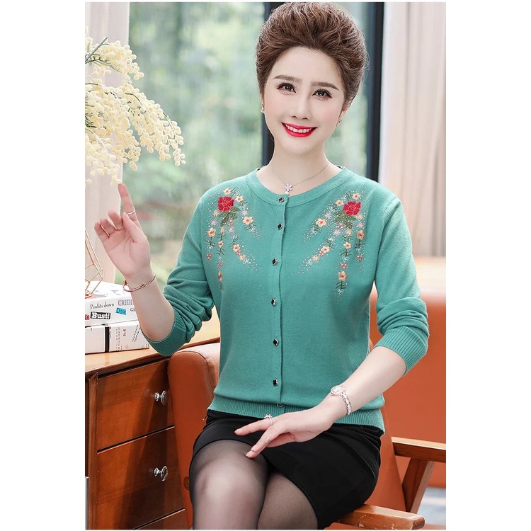 Áo khoác len trung niên nữ cho bà cho mẹ_ áo len dệt kim họa tiết hoa sang trọng