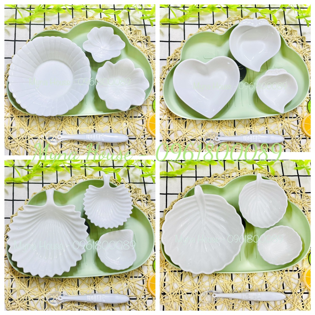 Combo chén bát sứ kèm khay và thìa ăn dặm cho bé - Sứ trắng
