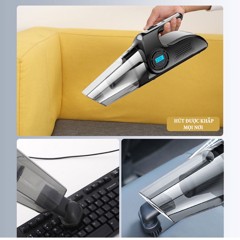 Máy Hút Bụi Ô Tô Cầm Tay Mini 4 Trong 1 - Công Xuất 120W Kiêm Bơm Lốp Xe Ô Tô,Xe Máy,Có Đèn Pin Chiếu Sáng Tiện Lợi Ver4