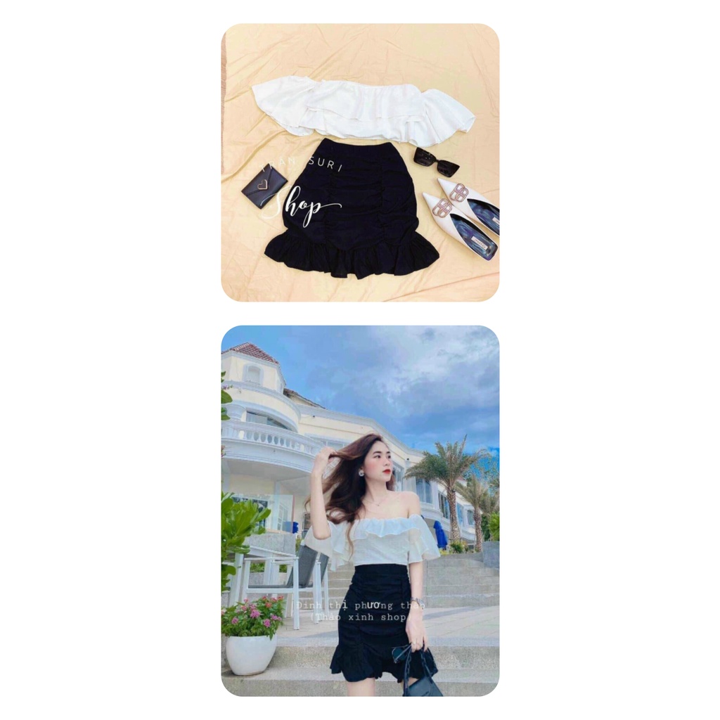 Set Áo croptop trễ vai bánh bèo tiểu thư điệu đà mix CHÂN VÁY ĐUÔI CÁ NHÚN CẠP CAO - CHÂN VÁY ÔM BODY B11