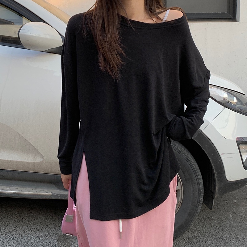 Áo Thun Tay Dài Dáng Rộng Xẻ Tà Kiểu Hàn Quốc Thời Trang Mùa Thu Cho Nữ