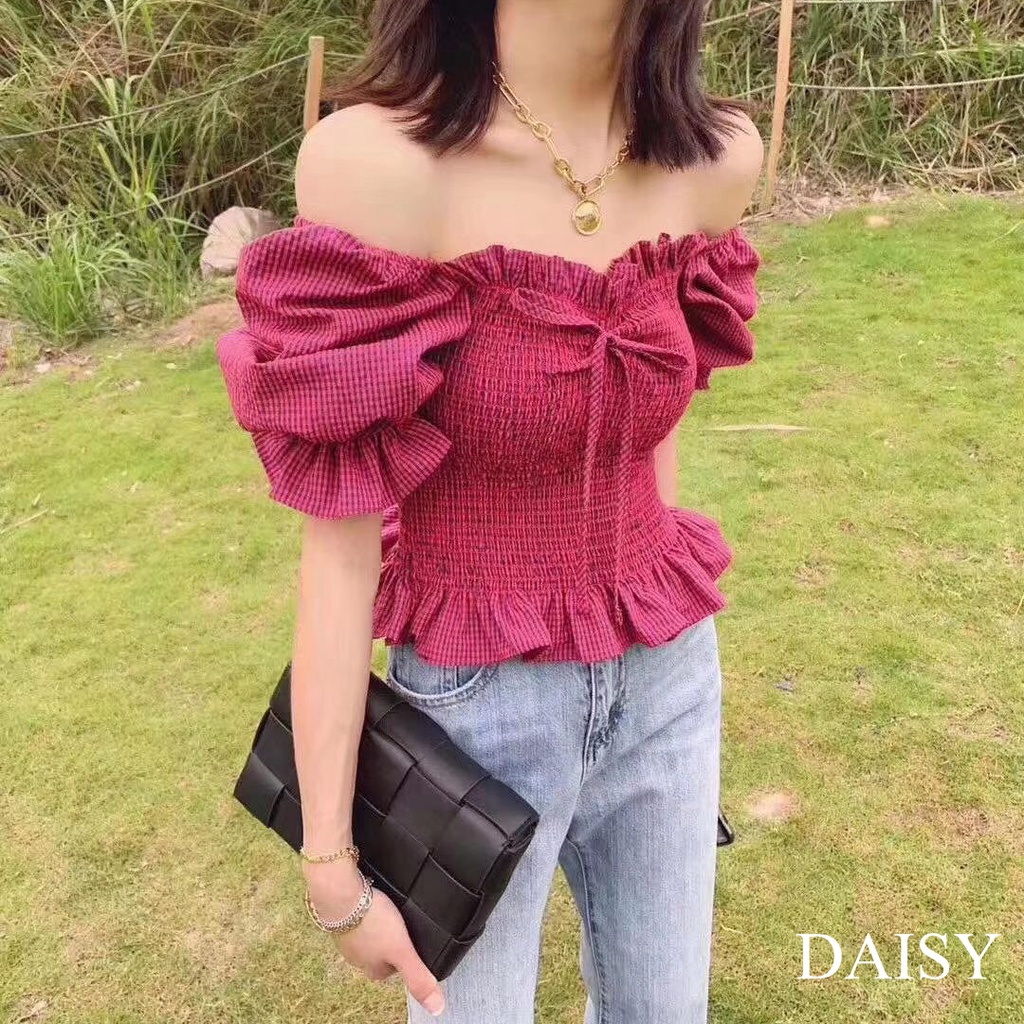 Áo kiểu nhún thân caro cổ vuông Daisy mã CM693
