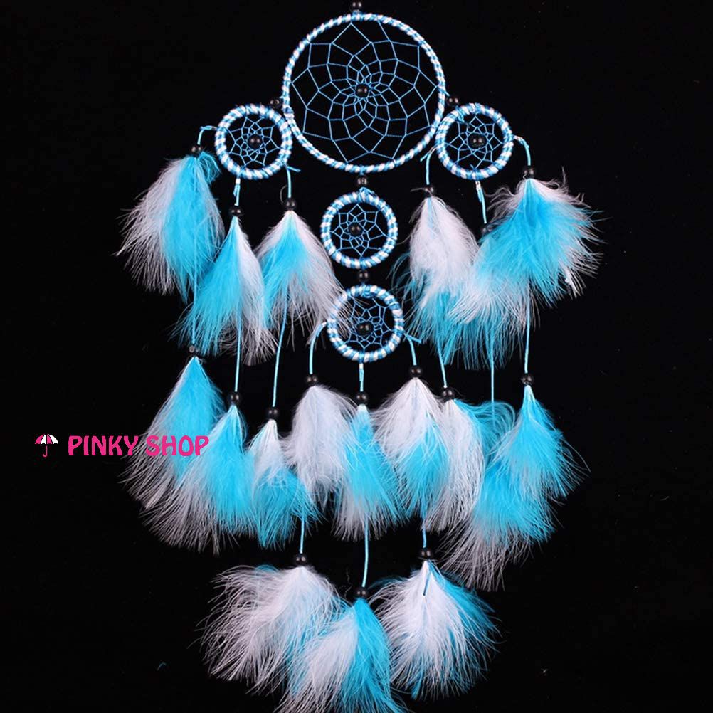 Dreamcatcher treo tường, dream catcher handmade gắn lông vũ màu xanh decor phòng xinh lung linh Pinky Shop mã DRD44