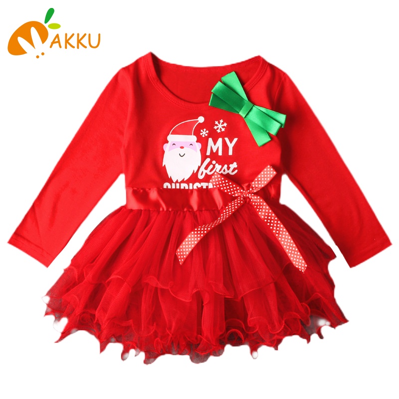 Đầm Công Chúa Tay Dài Phối Ren Thắt Nơ Kiểu Giáng Sinh Dễ Thương Cho Bé Gái