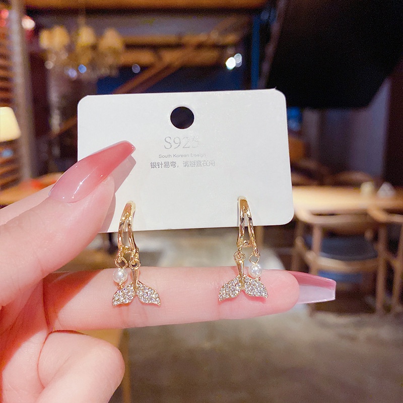 XiaoboACC Khuyên tai S925 kiểu đuôi cá đính ngọc trai thời trang cho nữ