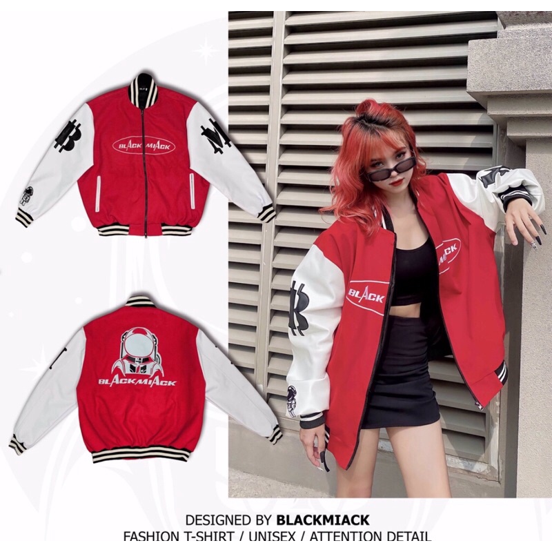 Áo khoác Bomber Varsity Jacket vải nỉ dạ tay da hình in được thêu màu Đỏ có Ảnh Thật (Hàng 2Hand)