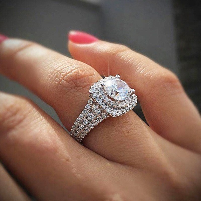 (Hàng Có Sẵn) Nhẫn Bạch Kim Đính Kim Cương 18k Cho Nữ