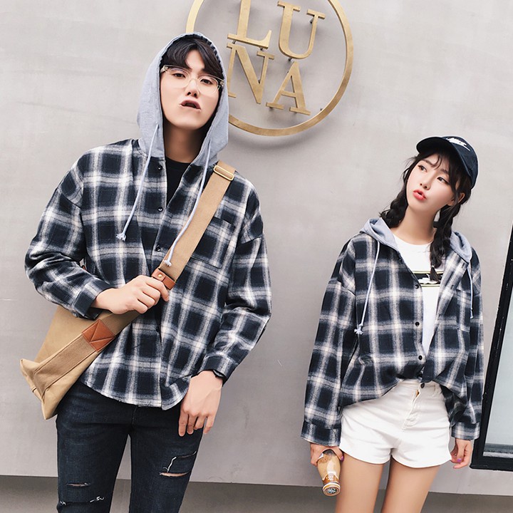 Sơmi mũ phối có ảnh thật🎄sơ mi kẻ karro phối mũ tàn có day rút🎄form thụng nam nữ🎄dùng như áo nắng🎄