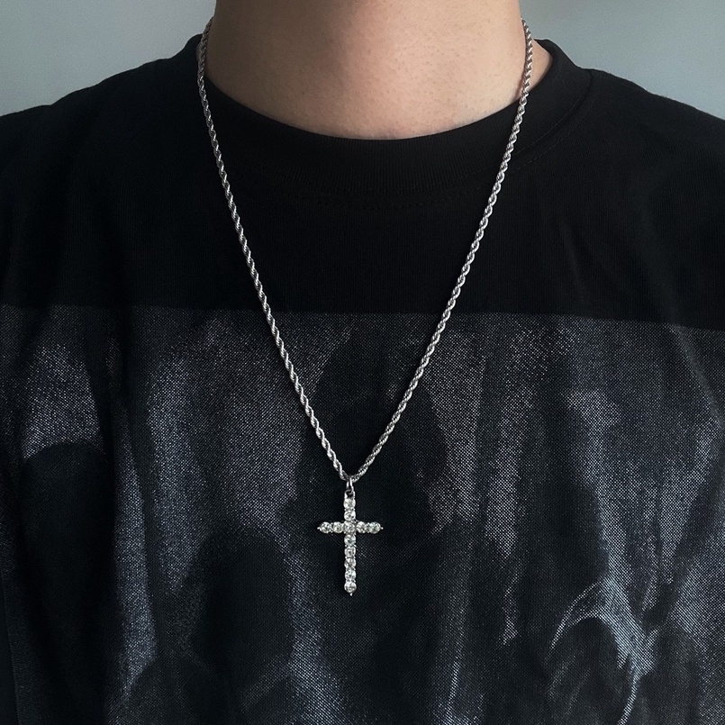 Dây Chuyền Mặt Chữ Thập Đính Đá Siw Chain Thời Trang Nam Jino Studio Màu Bạc Đẹp Cao Cấp Chất Liệu Titan Không Gỉ