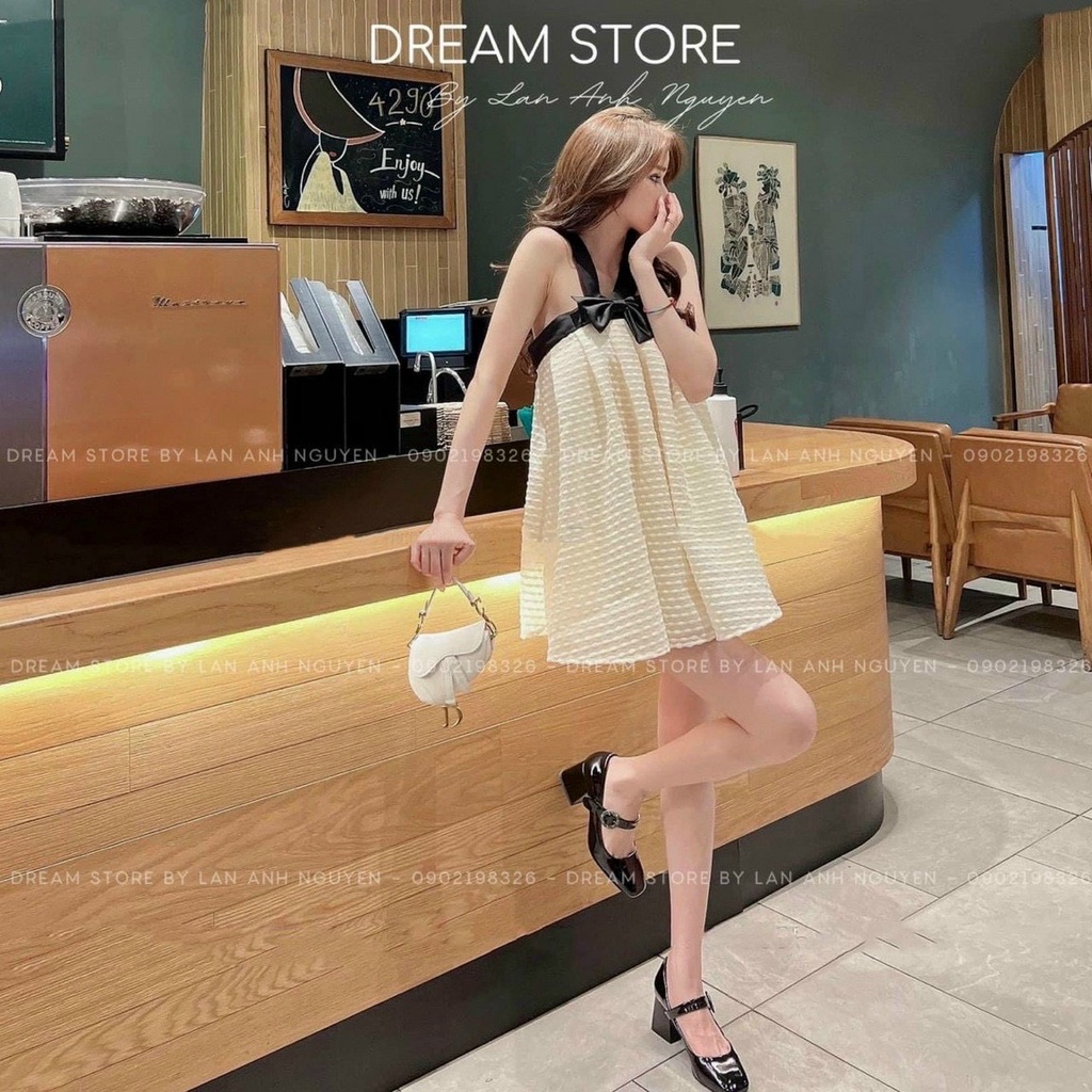 Đầm Đũi Xốp Ô vuông Nhỏ Dây Nơ Đen Váy Xuông Ngắn Trên Gối, Y Hình 100% Xinh Xắn