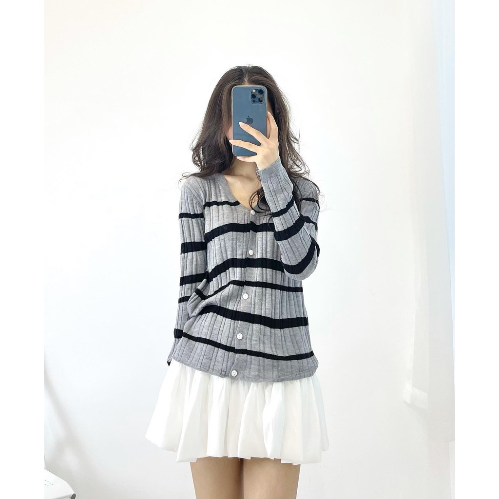 (FREESHIP) Áo len cổ tim kẻ ngang dài tay quảng châu cao cấp miho house