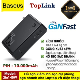 Pin Sạc Dự Phòng 2in1 Dung Lượng 10000mah Tích Hợp Củ Sạc Nhanh Công Nghệ Gan Công Suất 45W - TopLink