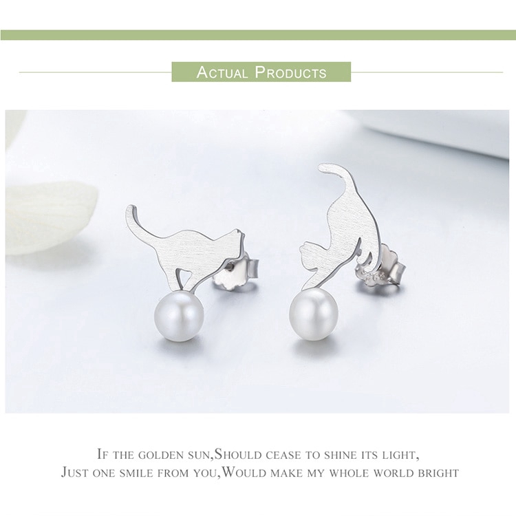 Bông tai Bamoer bạc 925 họa tiết chú mèo chơi bóng xinh xắn