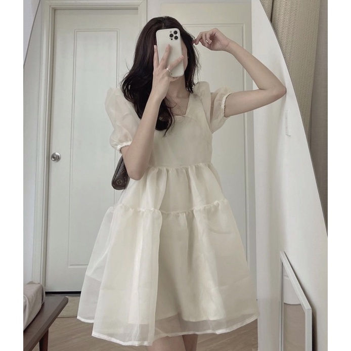 Váy babydoll voan tơ tay bồng Hàn Quốc - Đầm Babydoll voan tơ bồng bềnh 2 lớp siêu xinh