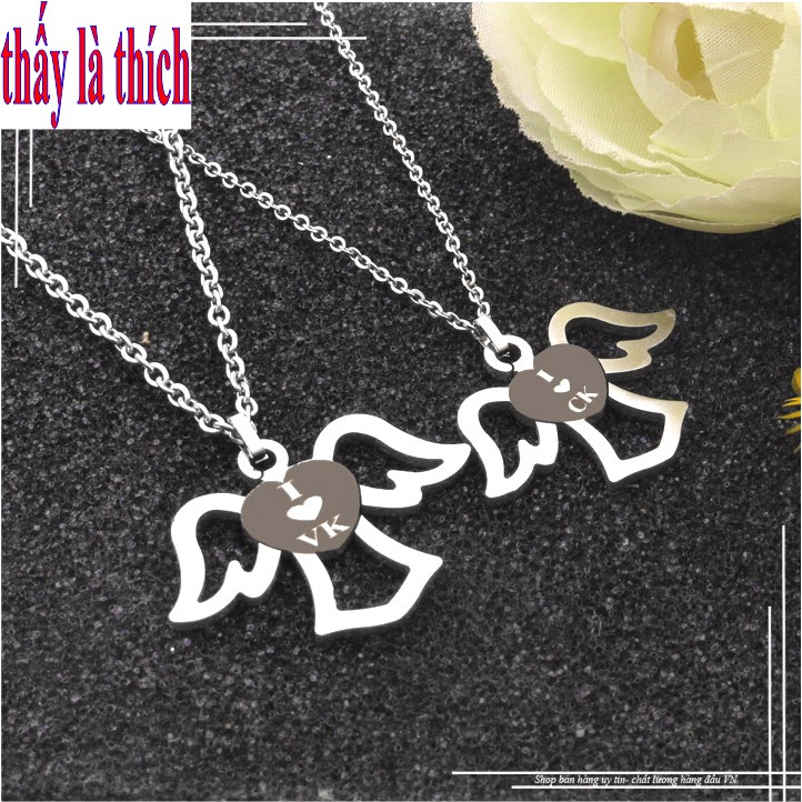 Dây chuyền cặp đôi hình thiên sứ tình yêu khắc chữ I LOVE CK / VK màu trắng-Giá bán như trên là 1 cặp = 2 sợi như hình