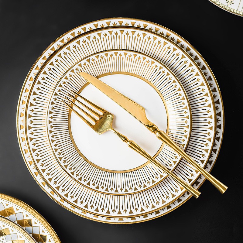 Bộ bát và đĩa phong cách Bắc Âu sang trọng, viền vàng, bát đĩa ăn tiệc cao cấp, đĩa salad, đĩa chính, bát soup