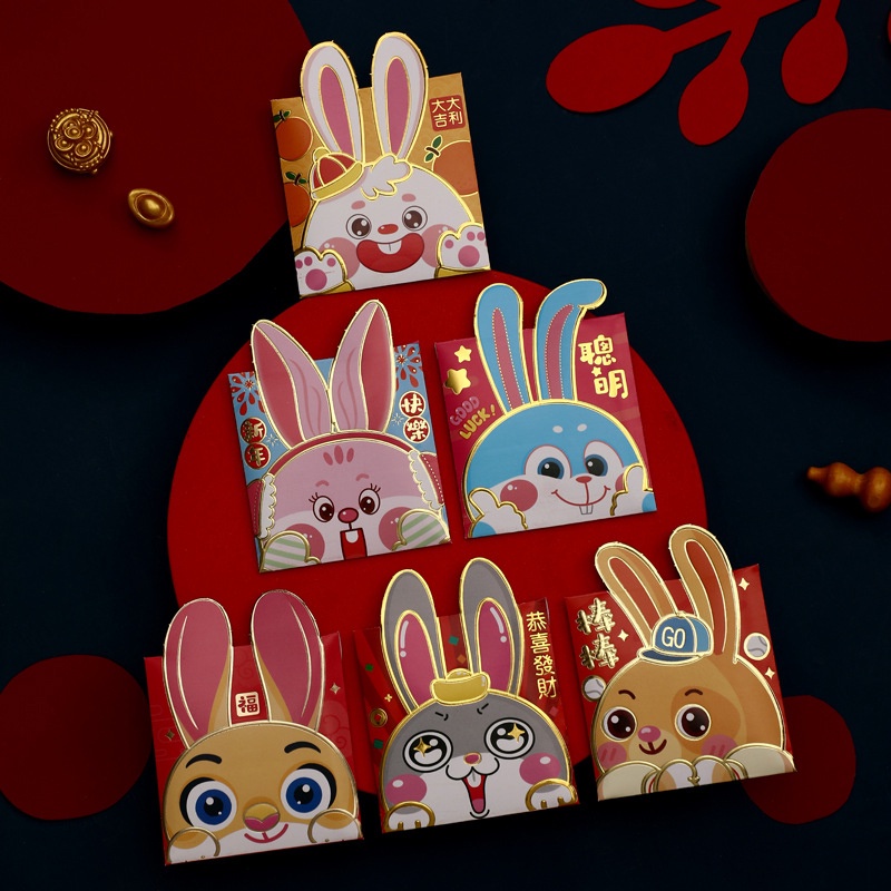 Set 6 Bao Lì Xì Đỏ In Hình Thỏ Hoạt Hình 2023