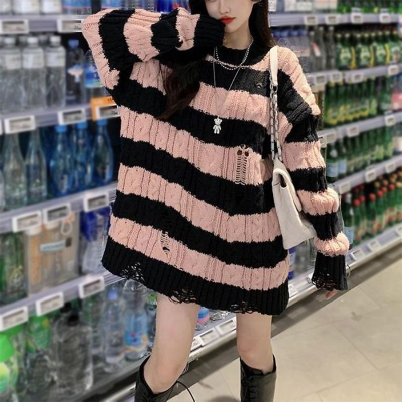 Youyo Đầm Sweater Dệt Kim Chui Đầu Tay Dài Phối Lỗ Rách Phong Cách Harajuku Gothic Punk Gothic Cá Tính Cho Nữ