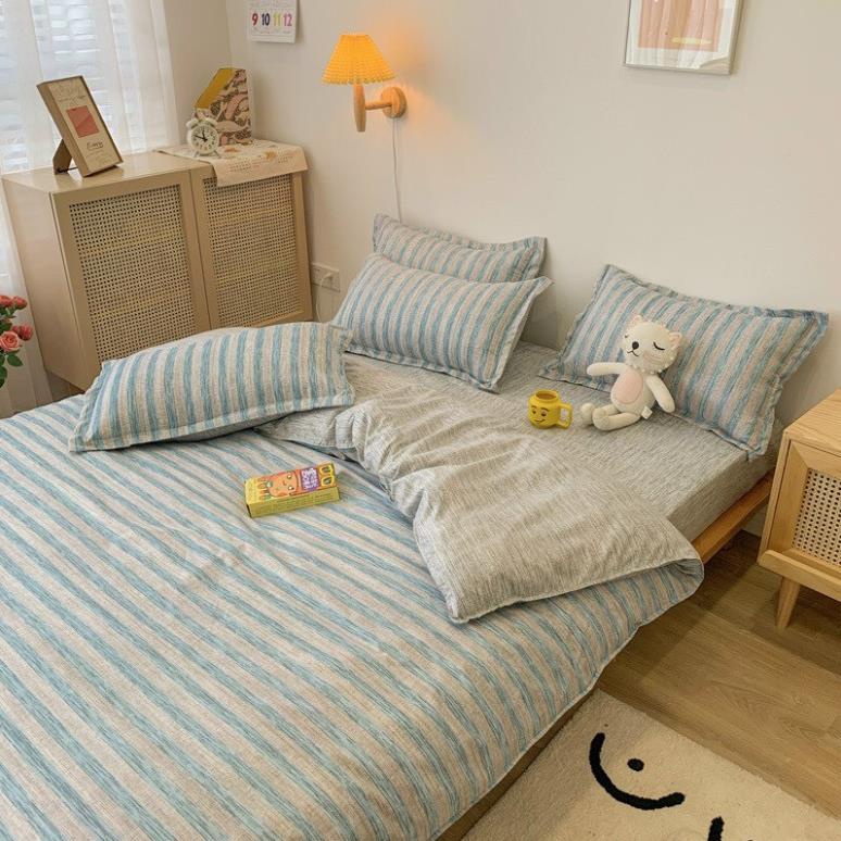 Trọn Bộ 4 Món Chăn Ga Gối Mền Cotton Poly Mẫu CARO XANH GHI.Thương Hiệu 🌸EVILY🌸