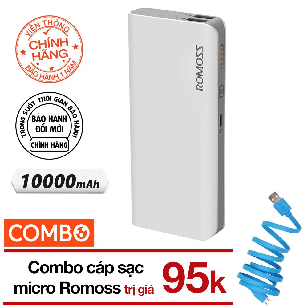 Combo Pin sạc dự phòng 10.000mah Romoss Solit 5 (Trắng) + Cáp sạc micro USB CB05F dài 1 mét - Chính hãng