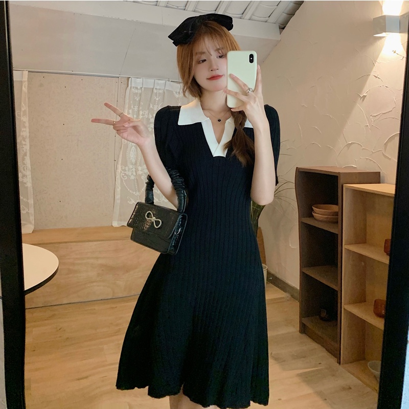 Đầm Dệt Kim Ngắn Tay Cổ POLO Xinh Xắn Dành Cho Nữ
