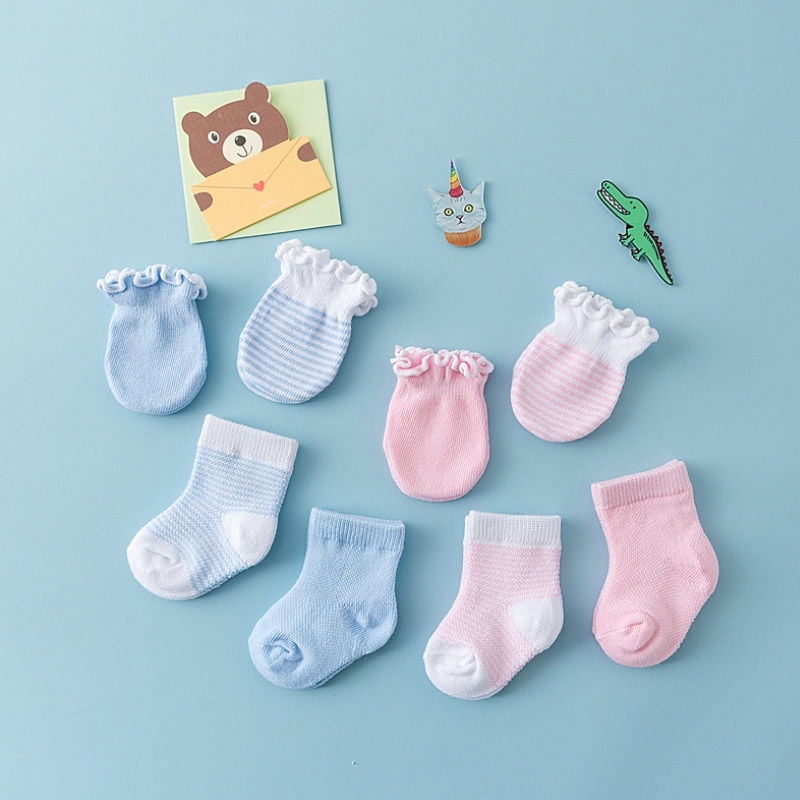 Bộ găng tay + tất cotton bảo vệ mặt chống trầy xước cho bé sơ sinh 0-5 tháng