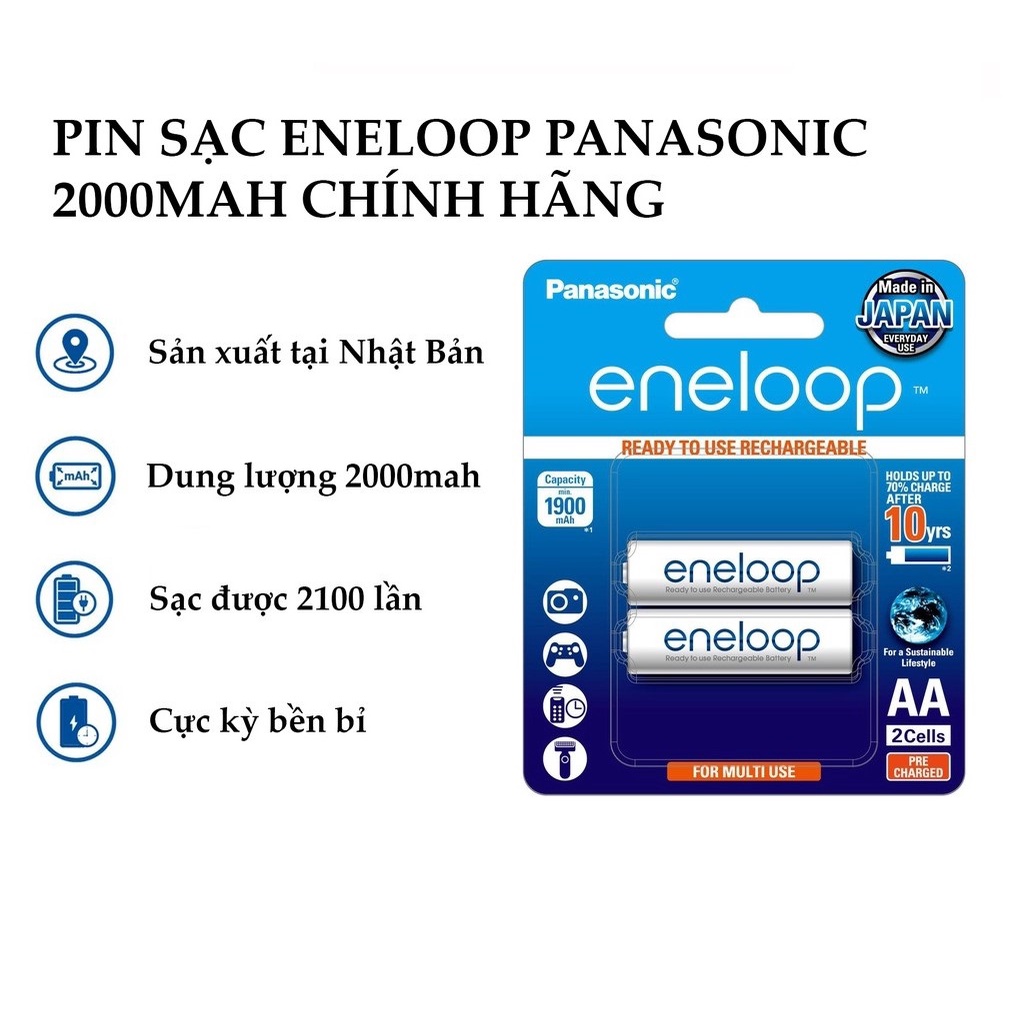 Pin sạc AA Panasonic Eneloop 2000mAh - Vỉ 2 Viên. Hàng chuẩn made in Japan