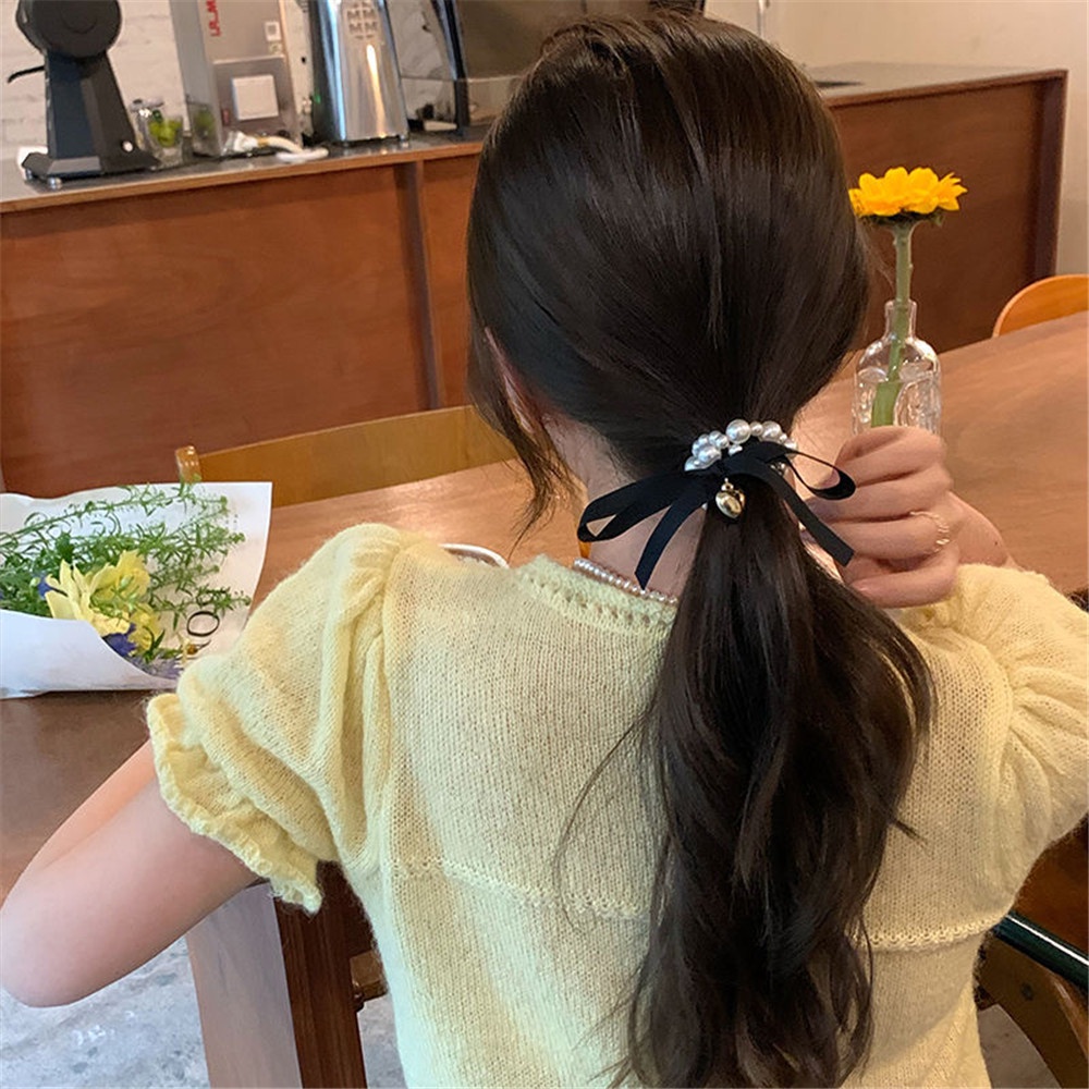 Dây Cột Tóc Ruy Băng Đính Ngọc Trai Thời Trang Pháp Cho Nữ