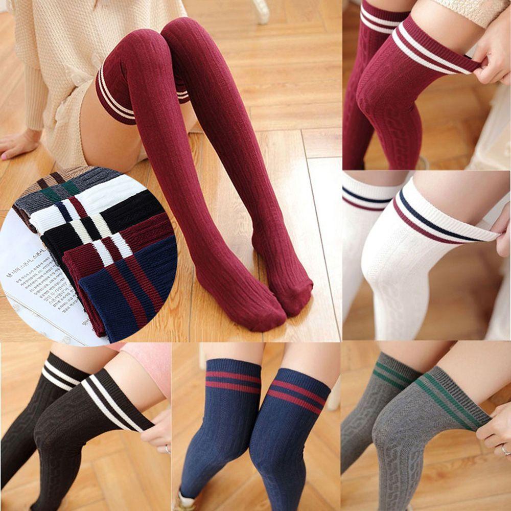 Vớ Cotton Dài Qua Gối Họa Tiết Kẻ Sọc Ấm Áp Cho Nữ