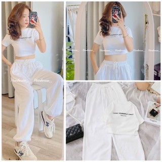 SET Áo CROPTOP Cộc Tay Love + Quần Trắng Cực Xinh Chất Thun Mềm Mát, Bộ Quần Áo Form Rộng Giá Rẻ(ảnh thật)