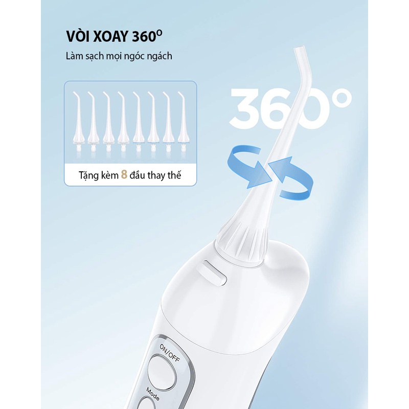 Máy tăm nước cầm tay FAIRYWILL FW-5020E Bản Màu Trắng Tặng 8 đầu thay thế Sạc bằng USB Hàng chính hãng có bảo hành