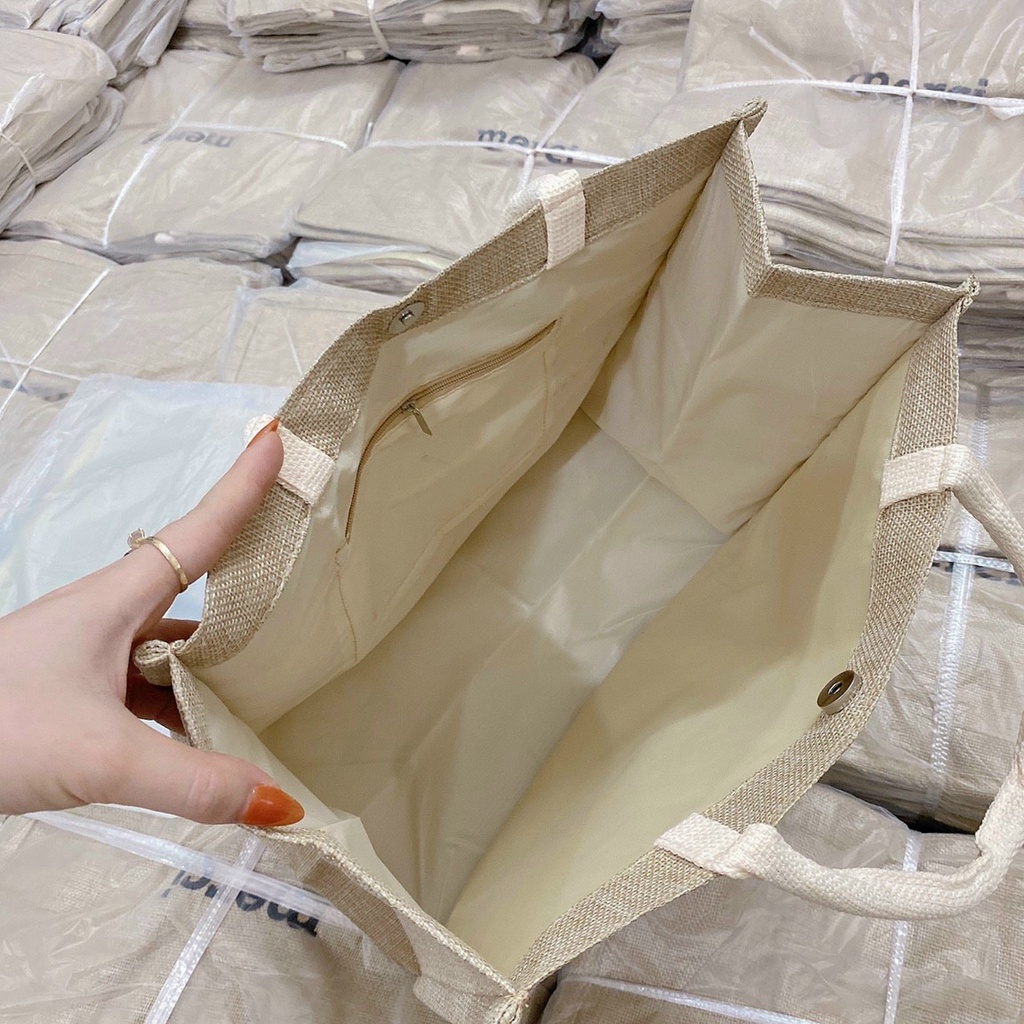 Túi Cói Loại 1 Size To Vintage, Túi Merci Đeo Vai, Đeo Chéo Đi Biển Màu Nâu Trơn
