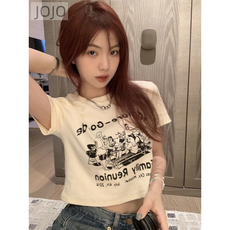Áo Thun Ngắn Tay Hở Vai In Họa Tiết Phong Cách Retro Mỹ Dễ Phối Đồ Cho Nữ