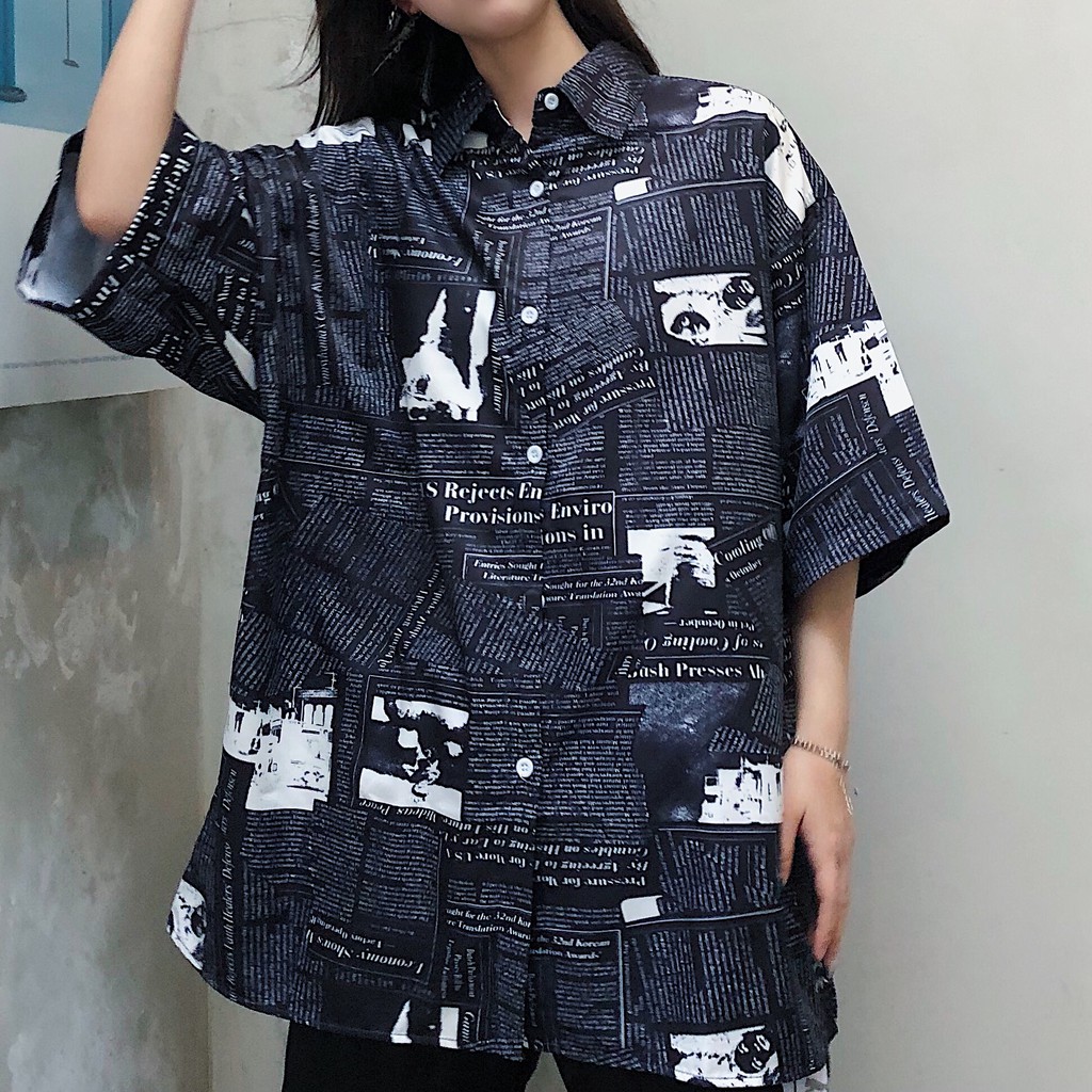 Áo sơ mi unisex tay ngắn size rộng in họa tiết phong cách hiphop Harajuku Hàn Quốc