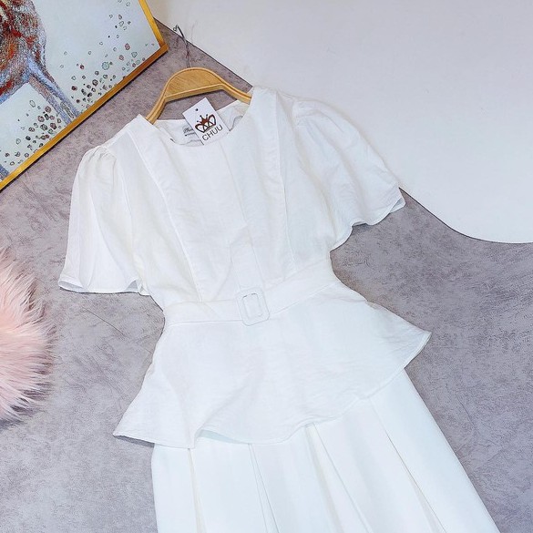 Áo peplum công sở nữ kiểu giả nịt khóa vuông tay phồng CHUU A5663