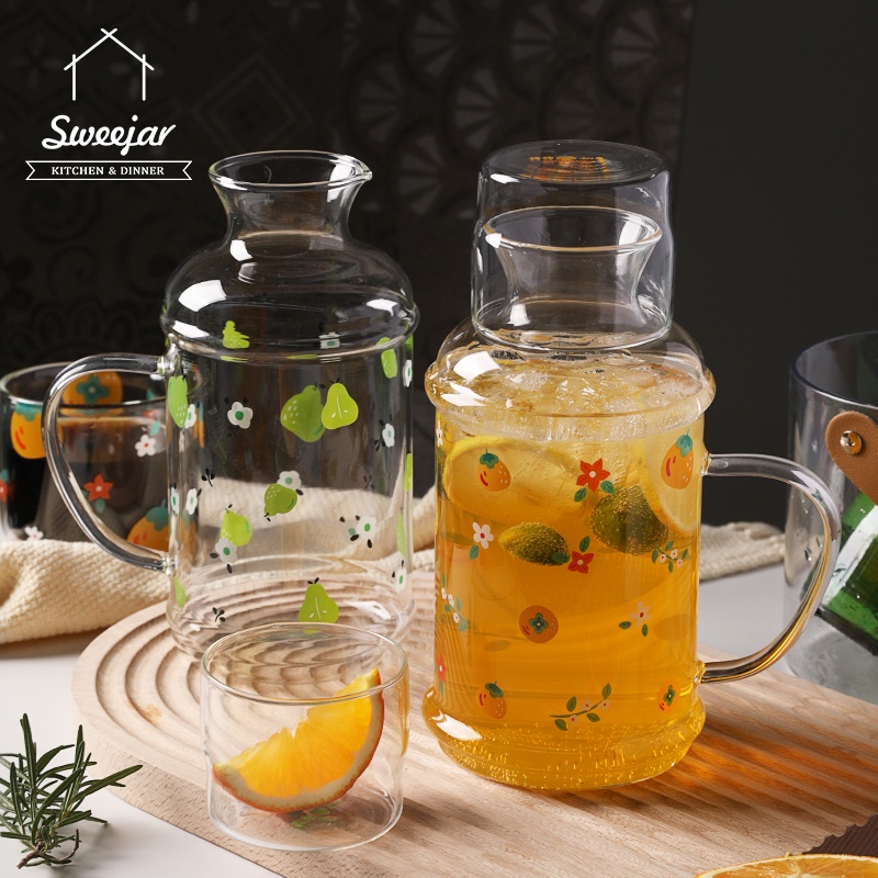 SWEEJAR Bình nước  từ thủy tinh cao cấp có cốc làm nắp đậy chịu nhiệt dung tích 1000ml