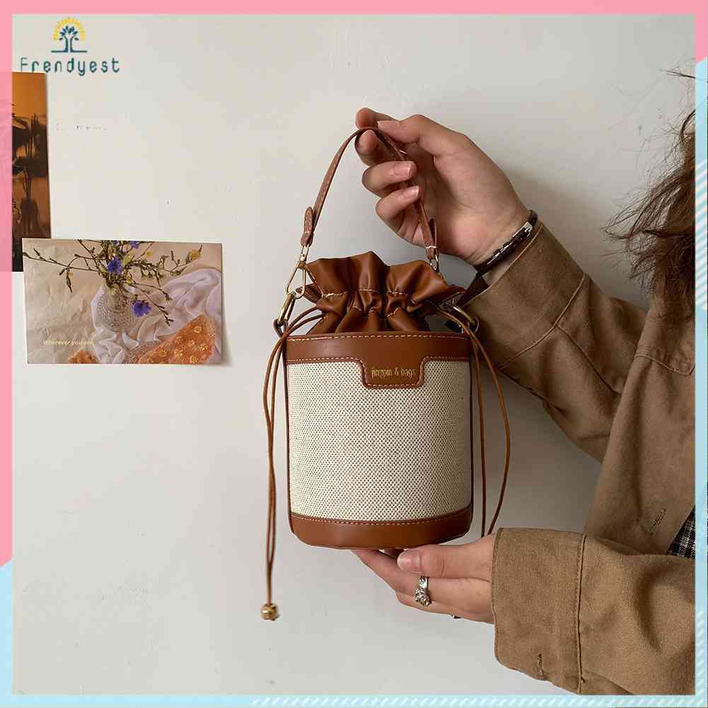 Túi Da Đeo Chéo Hình Trụ Nhỏ Dây Rút Phong Cách Vintage Thời Trang Cho Nữ