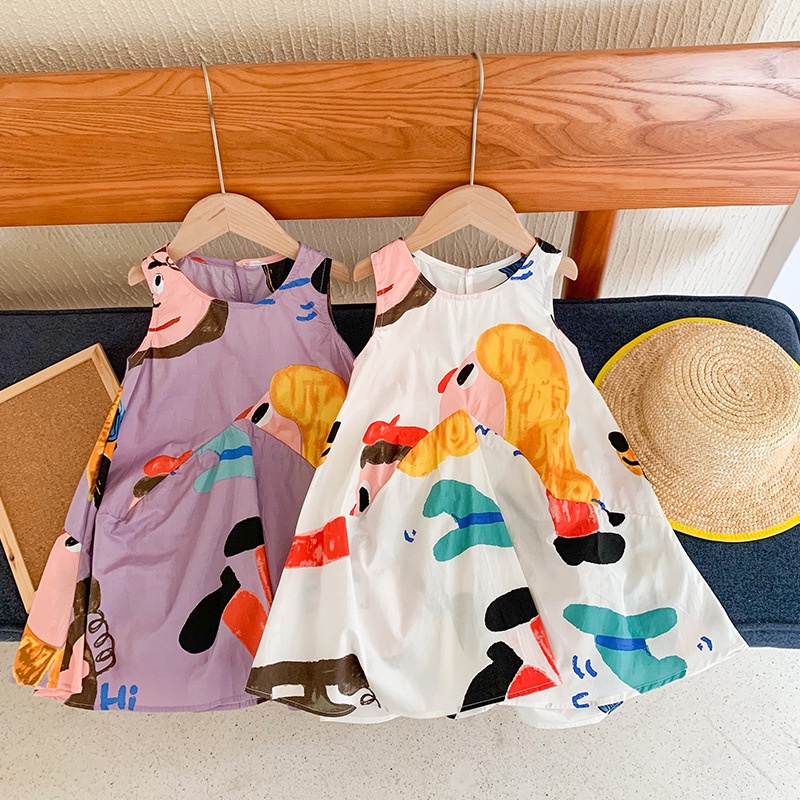 Đầm Không Tay Cổ Tròn Dáng Rộng In Họa Tiết Hoạt Hình Phong Cách Hàn Quốc Thời Trang Mùa Hè Xinh Xắn Cho Bé Gái